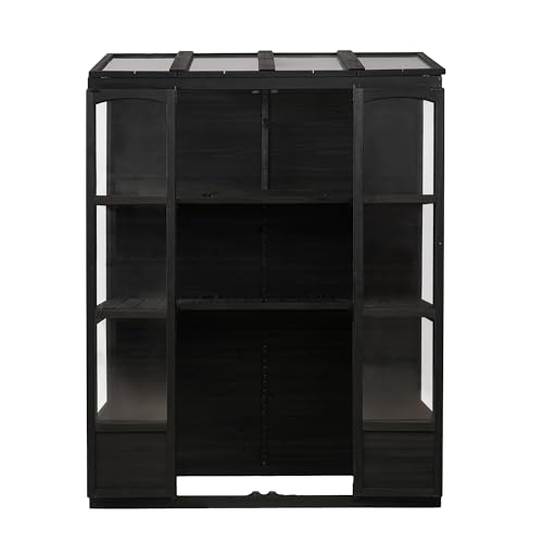 FurGenius 78 Inch Wooden Large Cold Frame Greenhouse with Openable Roof and 2-Tier Shelves, Balcony Portable Greenhouse Cabinet, Walk-in Hot House for Outdoor Indoor Garden Use, Black