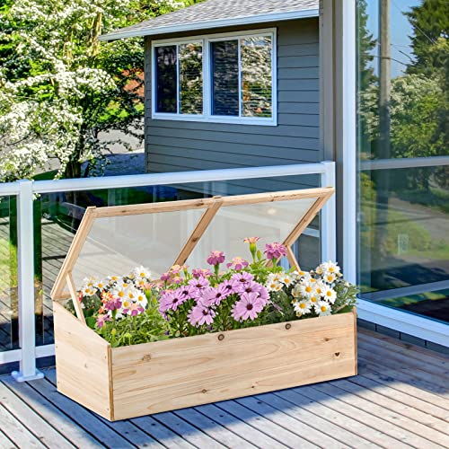 Happygrill Cold Frame Greenhouse, Wood Potable Greenhouse with Foldable Top, Transparent Lid, Raised Planter Box Protection, Indoor & Outdoor Mini Greenhouse for Garden, Patio, Balcony, Terrace