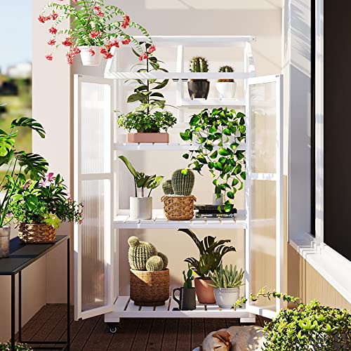 Mini Small Indoor Greenhouse with Adjustable Shelves and Vent, Portable Wood Green House Cold Frame w/ 4 Wheels, Anti-Tipping Design, for Outdoors Outside Patio Plants Balcony Garden Porch, White