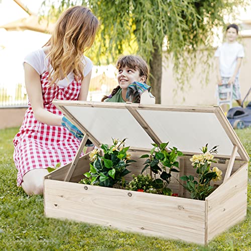 Happygrill Cold Frame Greenhouse, Wood Potable Greenhouse with Foldable Top, Transparent Lid, Raised Planter Box Protection, Indoor & Outdoor Mini Greenhouse for Garden, Patio, Balcony, Terrace