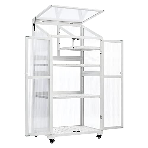 Mini Small Indoor Greenhouse with Adjustable Shelves and Vent, Portable Wood Green House Cold Frame w/ 4 Wheels, Anti-Tipping Design, for Outdoors Outside Patio Plants Balcony Garden Porch, White