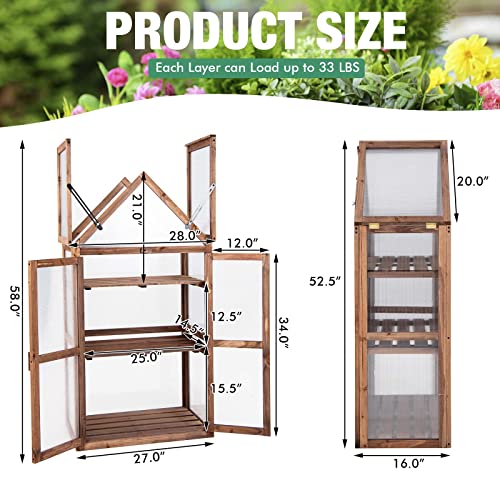 Happygrill Cold Frame Greenhouse, Mini Wooden Greenhouse Raised Flower Planter Shelf with Transparent Openable Roof, Double Doors & 3 Tier Shelves, Indoor Outdoor Greenhouse for Garden Yard Balcony