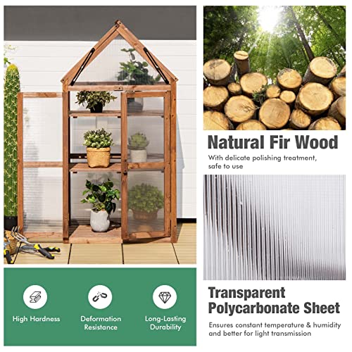 Happygrill Cold Frame Greenhouse, Mini Wooden Greenhouse Raised Flower Planter Shelf with Transparent Openable Roof, Double Doors & 3 Tier Shelves, Indoor Outdoor Greenhouse for Garden Yard Balcony