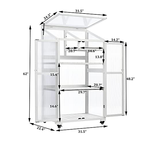 Mini Small Indoor Greenhouse with Adjustable Shelves and Vent, Portable Wood Green House Cold Frame w/ 4 Wheels, Anti-Tipping Design, for Outdoors Outside Patio Plants Balcony Garden Porch, White