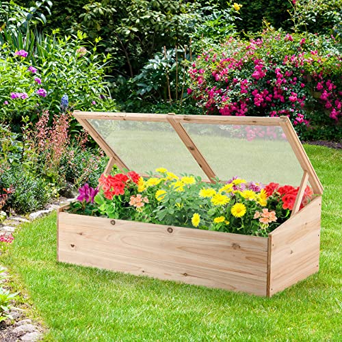 Giantex Wood Cold Frame, Mini Garden Greenhouse, Transparent Flip Top Lid, Bottomless Planter Raised Bed for Vegetable and Flowers, Indoor and Outdoor Patio Balcony Terrace (Farmhouse)