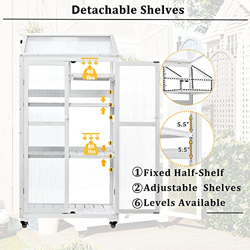 Mini Small Indoor Greenhouse with Adjustable Shelves and Vent, Portable Wood Green House Cold Frame w/ 4 Wheels, Anti-Tipping Design, for Outdoors Outside Patio Plants Balcony Garden Porch, White