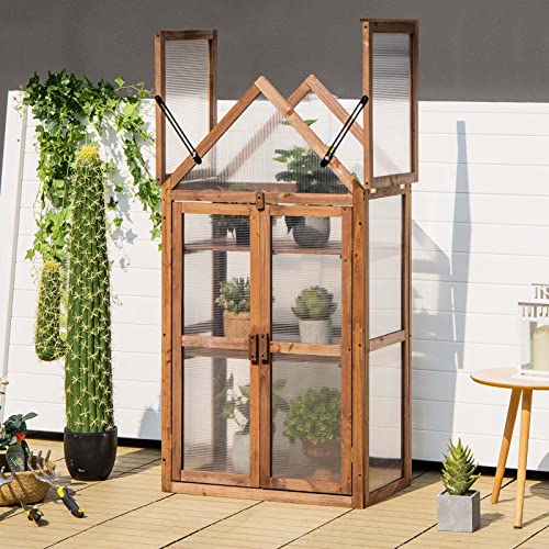 Happygrill Cold Frame Greenhouse, Mini Wooden Greenhouse Raised Flower Planter Shelf with Transparent Openable Roof, Double Doors & 3 Tier Shelves, Indoor Outdoor Greenhouse for Garden Yard Balcony
