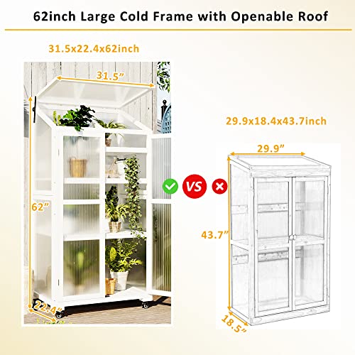 Mini Small Indoor Greenhouse with Adjustable Shelves and Vent, Portable Wood Green House Cold Frame w/ 4 Wheels, Anti-Tipping Design, for Outdoors Outside Patio Plants Balcony Garden Porch, White