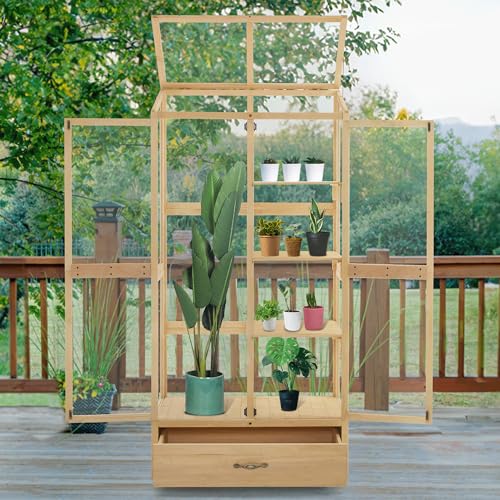 MCombo Cold Frame Greenhouse, Tall Wooden Greenhouse for Outdoor Indoor Use with Polycarbonate Panels, 3 Tier Garden Cold Frame with Drawer and Shelves, 0864 (Natural)
