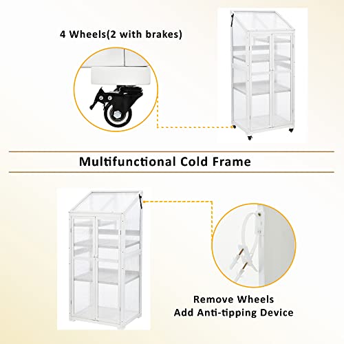Mini Small Indoor Greenhouse with Adjustable Shelves and Vent, Portable Wood Green House Cold Frame w/ 4 Wheels, Anti-Tipping Design, for Outdoors Outside Patio Plants Balcony Garden Porch, White
