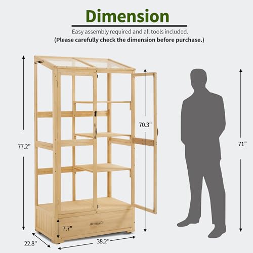 MCombo Cold Frame Greenhouse, Tall Wooden Greenhouse for Outdoor Indoor Use with Polycarbonate Panels, 3 Tier Garden Cold Frame with Drawer and Shelves, 0864 (Natural)