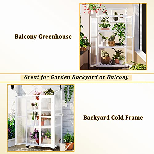 Mini Small Indoor Greenhouse with Adjustable Shelves and Vent, Portable Wood Green House Cold Frame w/ 4 Wheels, Anti-Tipping Design, for Outdoors Outside Patio Plants Balcony Garden Porch, White