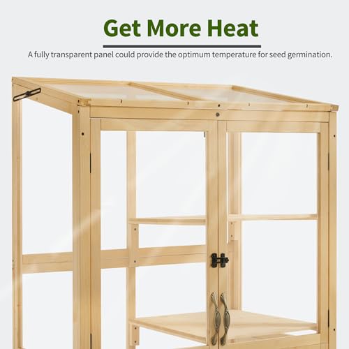 MCombo Cold Frame Greenhouse, Tall Wooden Greenhouse for Outdoor Indoor Use with Polycarbonate Panels, 3 Tier Garden Cold Frame with Drawer and Shelves, 0864 (Natural)