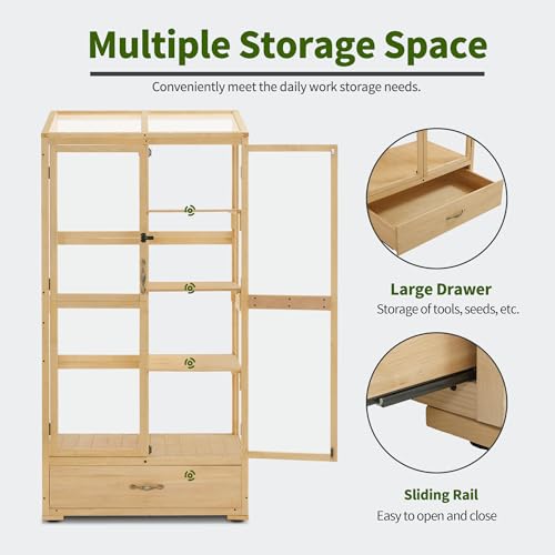 MCombo Cold Frame Greenhouse, Tall Wooden Greenhouse for Outdoor Indoor Use with Polycarbonate Panels, 3 Tier Garden Cold Frame with Drawer and Shelves, 0864 (Natural)