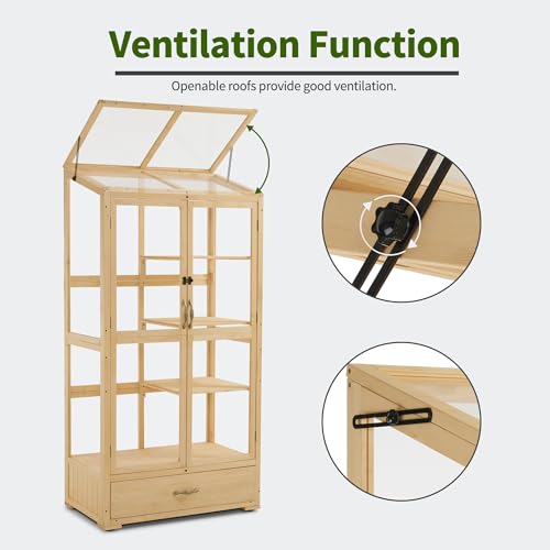 MCombo Cold Frame Greenhouse, Tall Wooden Greenhouse for Outdoor Indoor Use with Polycarbonate Panels, 3 Tier Garden Cold Frame with Drawer and Shelves, 0864 (Natural)