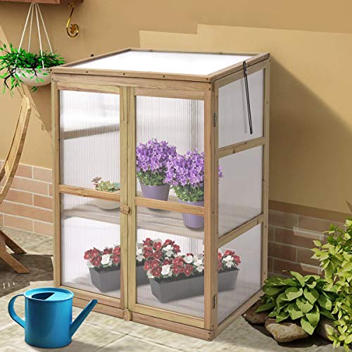 Happygrill Cold Frame Greenhouse, Portable Wood Greenhouse with Transparent Openable Roof, Double Doors & 3 Tier Shelves, Small Greenhouse for Outdoors, Balcony, Garden, Backyard, 30" L x 22.5" W x 43