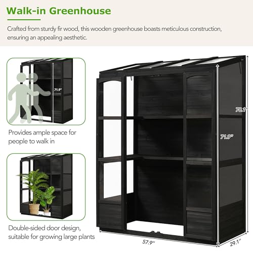 SONGG 78 Inch Wooden Greenhouse Cold Frame with 4 Independent Skylights and 2 Folding Middle Shelves, Walk-in Outdoor Greenhouses, for Backyard, Garden