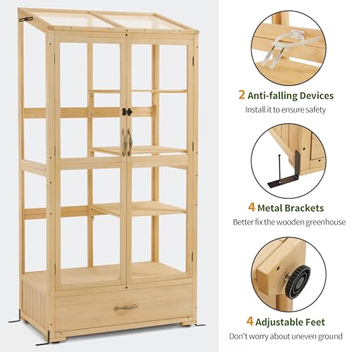MCombo Cold Frame Greenhouse, Tall Wooden Greenhouse for Outdoor Indoor Use with Polycarbonate Panels, 3 Tier Garden Cold Frame with Drawer and Shelves, 0864 (Natural)