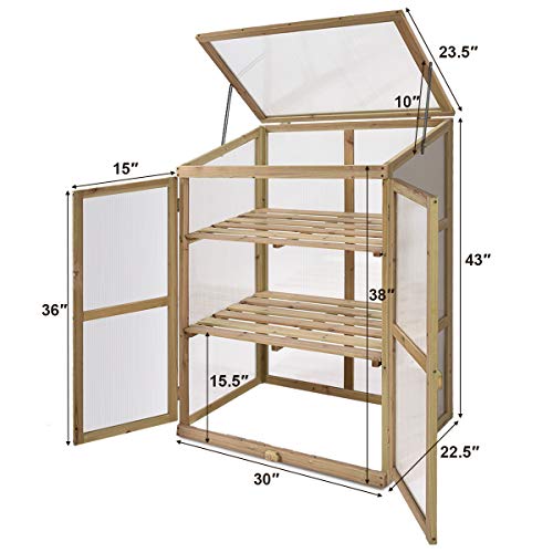 Happygrill Cold Frame Greenhouse, Portable Wood Greenhouse with Transparent Openable Roof, Double Doors & 3 Tier Shelves, Small Greenhouse for Outdoors, Balcony, Garden, Backyard, 30" L x 22.5" W x 43