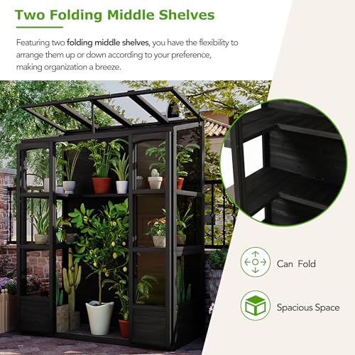 SONGG 78 Inch Wooden Greenhouse Cold Frame with 4 Independent Skylights and 2 Folding Middle Shelves, Walk-in Outdoor Greenhouses, for Backyard, Garden