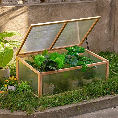 BIGTREE Wooden Cold Frame Garden Nursery Vented Greenhouse Raised Flower Planter Portable with Openable Top for Home Decor Patio Balcony Garden Backyard