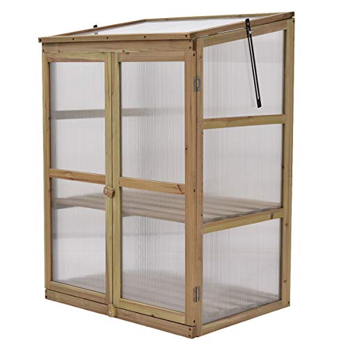 Happygrill Cold Frame Greenhouse, Portable Wood Greenhouse with Transparent Openable Roof, Double Doors & 3 Tier Shelves, Small Greenhouse for Outdoors, Balcony, Garden, Backyard, 30" L x 22.5" W x 43