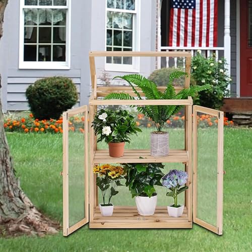 Wooden Cold Frame Greenhouse 2-Tier Garden Mini Nursery Vented Planter Wood Portable Flower Cabinet Front Top Opening Home Decor Indoor Backyard Outdoor 22X14X29