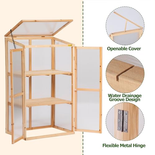 BIGTREE Wooden Green House Mini Greenhouse Indoor/Outdoor Nursery Vented Cold Frame Portable Garden Planter Raised Plants Top Opening Door (27"X19"X47")