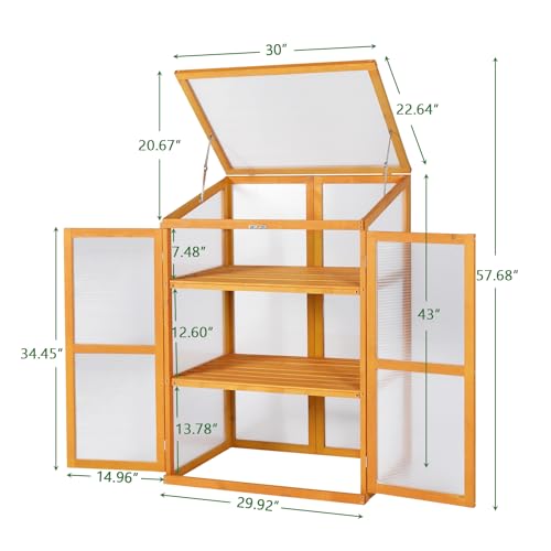 LTMEUTY Wooden Greenhouse - Cold Frame Greenhouse for Outdoor, Portable Green House with Adjustable Roof and 2 Shelves, Flower Planter Box with for Winter, 30” W x 22”D x 43” H