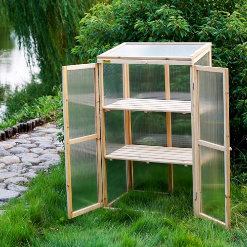 BIGTREE Wooden Green House Mini Greenhouse Indoor/Outdoor Nursery Vented Cold Frame Portable Garden Planter Raised Plants Top Opening Door (27"X19"X47")