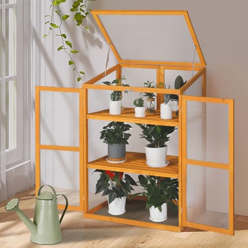 LTMEUTY Wooden Greenhouse - Cold Frame Greenhouse for Outdoor, Portable Green House with Adjustable Roof and 2 Shelves, Flower Planter Box with for Winter, 30” W x 22”D x 43” H