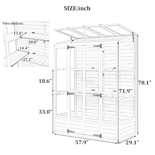 SUANQHOME 78-inch Wooden Greenhouse Cold Frame with 4 Independent Skylights and 2 Folding Middle Shelves, Walk-in Outdoor Greenhouse, Polycarbonate Panels for Garden Backyard, White