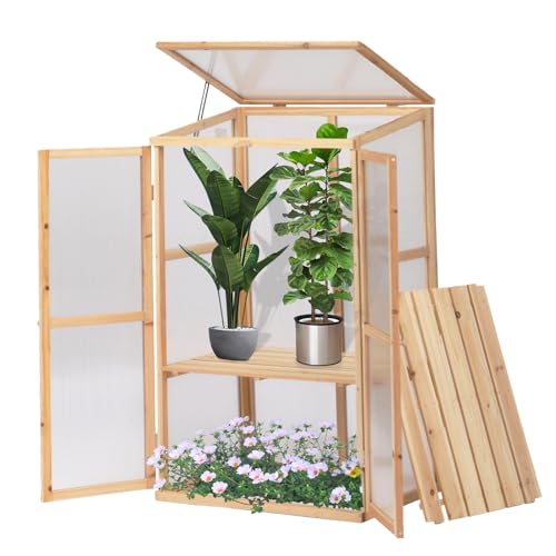 BIGTREE Wooden Green House Mini Greenhouse Indoor/Outdoor Nursery Vented Cold Frame Portable Garden Planter Raised Plants Top Opening Door (27"X19"X47")
