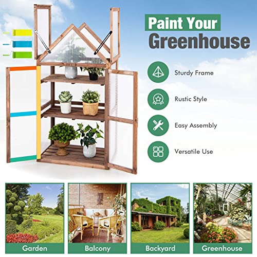 GRAFFY Wooden Cold Frame Greenhouse, Portable Raised Flower Planter Shelf with 3 Removable shelves and Transparent Flip-Top Roof, Mini Greenhouse Cabinet for Outdoor Indoor Use(27" L x 16" W x 58" H )