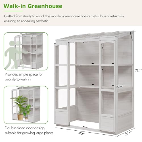 SUANQHOME 78-inch Wooden Greenhouse Cold Frame with 4 Independent Skylights and 2 Folding Middle Shelves, Walk-in Outdoor Greenhouse, Polycarbonate Panels for Garden Backyard, White