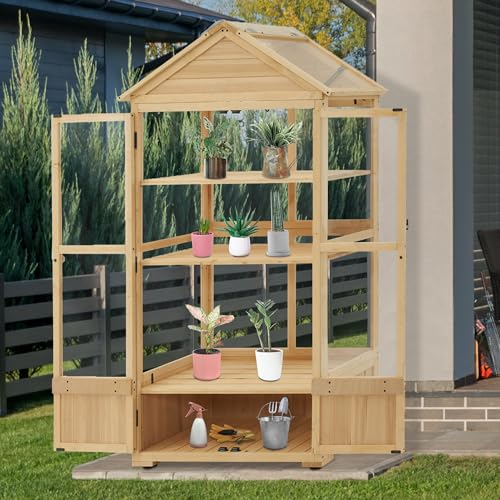 MCombo Cold Frame Greenhouse, 3 Tier Wooden Greenhouse Cabinet with Adjustable Shelf, Garden Cold Frame Shed for Outdoor Indoor Use, 0847 (Natural)