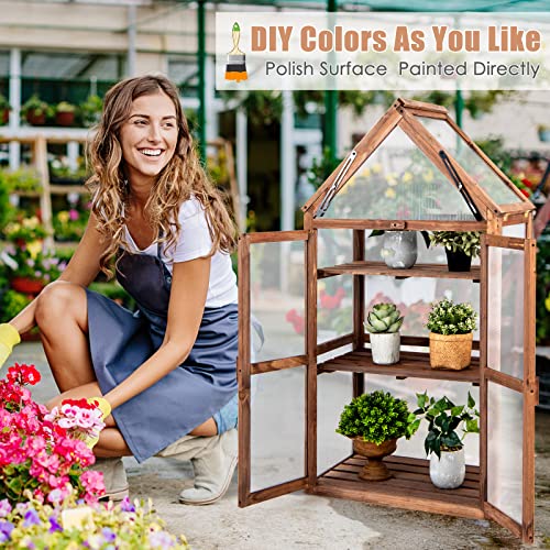 LDAILY Cold Frame Greenhouse, Wooden Raised Flower Planter Shelf w/ Triangular Top Grow Protection, Double Doors, Greenhouse Cabinet for Outdoor Patio Balcony Garden Backyard, 27" L x 16" W x 58" H