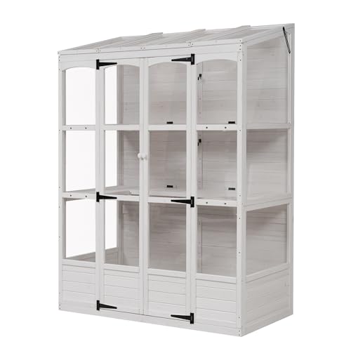 SUANQHOME 78-inch Wooden Greenhouse Cold Frame with 4 Independent Skylights and 2 Folding Middle Shelves, Walk-in Outdoor Greenhouse, Polycarbonate Panels for Garden Backyard, White