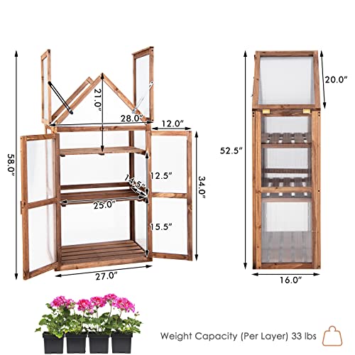 LDAILY Cold Frame Greenhouse, Wooden Raised Flower Planter Shelf w/ Triangular Top Grow Protection, Double Doors, Greenhouse Cabinet for Outdoor Patio Balcony Garden Backyard, 27" L x 16" W x 58" H