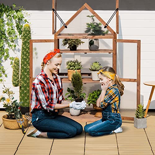 LDAILY Cold Frame Greenhouse, Wooden Raised Flower Planter Shelf w/ Triangular Top Grow Protection, Double Doors, Greenhouse Cabinet for Outdoor Patio Balcony Garden Backyard, 27" L x 16" W x 58" H