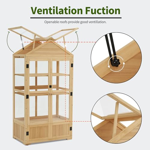 MCombo Cold Frame Greenhouse, 3 Tier Wooden Greenhouse Cabinet with Adjustable Shelf, Garden Cold Frame Shed for Outdoor Indoor Use, 0847 (Natural)