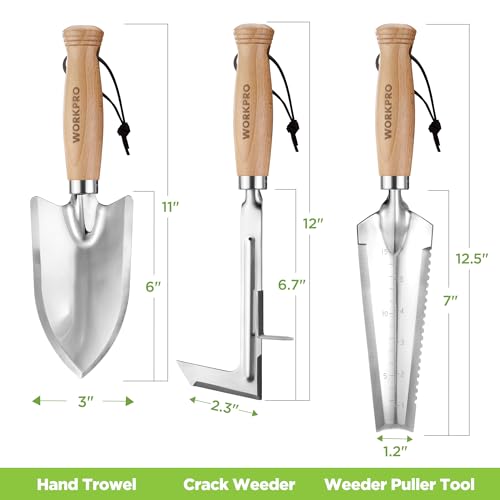 WORKPRO Garden Tool Set, 3 Pcs Gardening Tools with Wood Handle, Weed Puller, Crack Weeder and Hand Trowel, Durable Garden Hand Tools for Planting, Digging, Weeding, Ideal Garden Gifts for Men Women