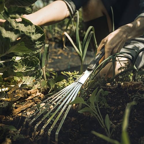 Fiskars Xact Hand Rake - Heavy Duty Gardening Hand Tool with Hang Hole - Lawn and Yard Tools - Black/Silver