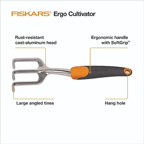 Fiskars Ergo Cultivator - Heavy Duty Gardening Hand Tool with Hang Hole - Lawn and Yard Tools - Black/Orange