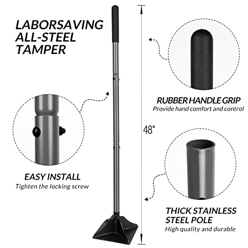 Walensee Steel Tamper with 48 inch Handle 8"x8" Garden Rubber Grip for Laborsaving All-Steel Heavy Duty Ideal Tool Leveling Ground Installing pavers and Repairing Blacktop