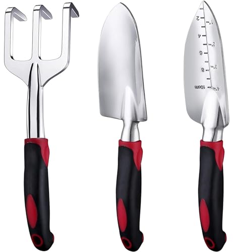 Garden Tools Set 3 Pack Gardening Include Garden Shovel Transplant Trowel and Hand Rake with Ergonomic Non-Slip Handle for Women Men Mom or Dad Hand Tools Kit (3 Pieces Red)