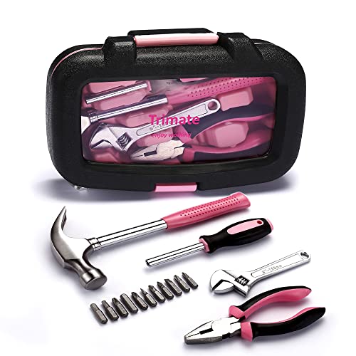 Trimate, Hand Tool Set, Includes, Hammer, Screwdriver, Plier, Tweezer,Tape Measure (Pink 15pcs Set)