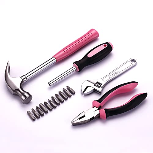 Trimate, Hand Tool Set, Includes, Hammer, Screwdriver, Plier, Tweezer,Tape Measure (Pink 15pcs Set)