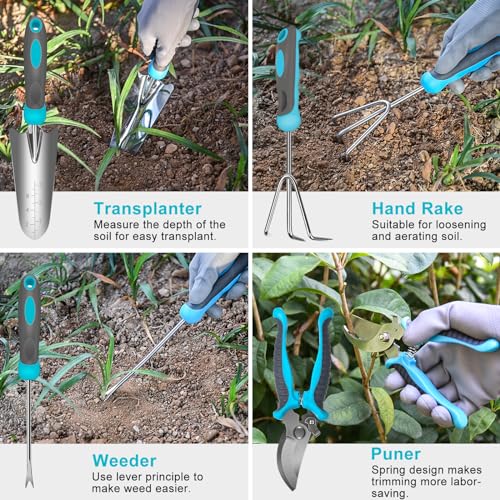 Gardening Tools, Carsolt 10 Piece Heavy Duty Stainless Steel Garden Tools Set with Ergonomic Rubber Handle. Variety of Gardening Hand Tools for Planting Gardening Kit with Gift Box Ideal Garden Gifts