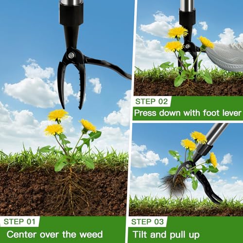 ELECROW Weed Puller Tool, Stand Up Stainless Steel Weeder Hand Tool, Long Handle Garden Weeding Tool with 4 Claws, Weed Remover Tool - Easily Remove Weeds